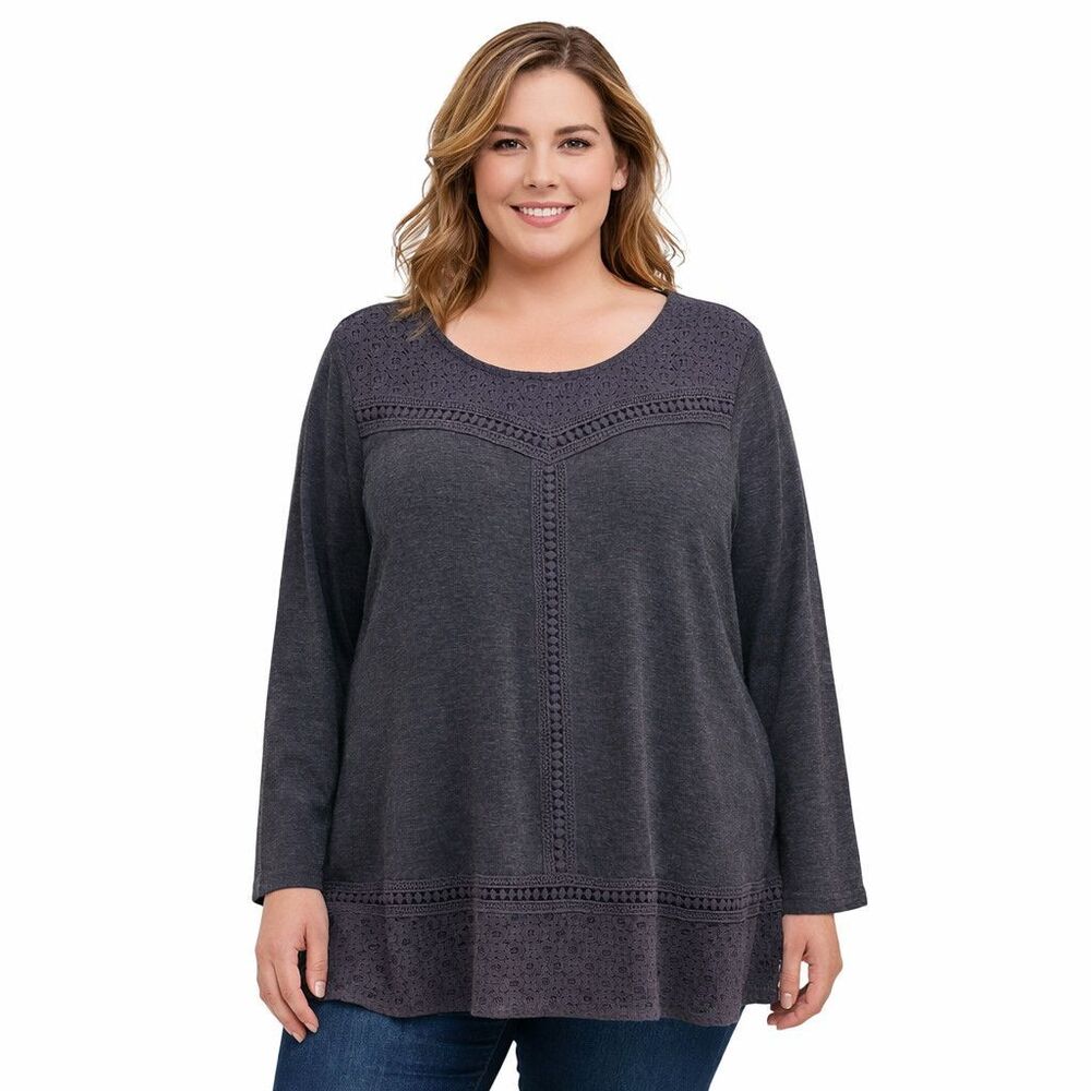 Soft Surroundings Tunic Blouse Womens XL Gray Scoop Neck Long Sleeve Crochet Top